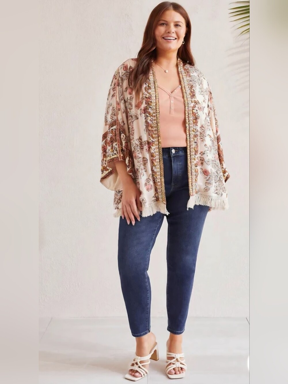 Tribal JEANS S/M-Tribal Women's Embellished Kimono in a botanical coral cashew